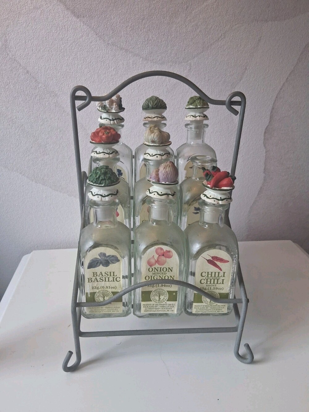 Vtg AU PRINTEMPS Gourmet Metal Spice Rack 9 Glass Bottles Ceramic Tops RARE;Read
